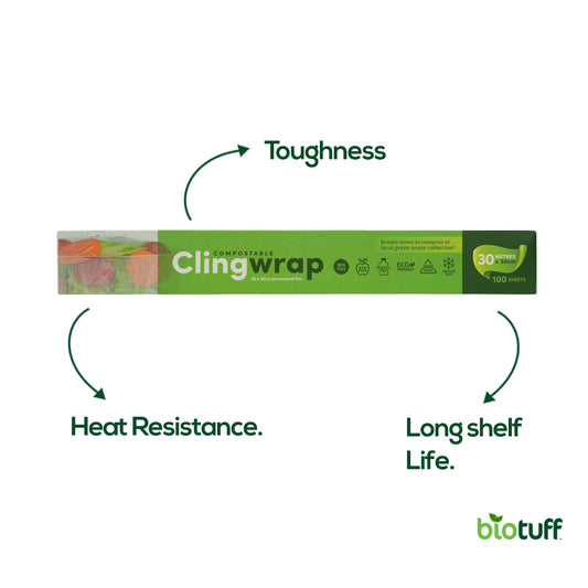 Biodegradable and Compostable Cling Wrap - 100 perforated Sheets x 30 Metre Wide