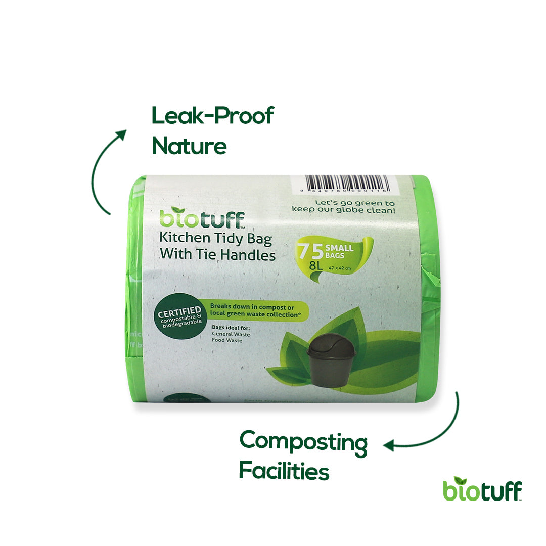 8L Kitchen Tidy Bin Liner with Handles (75 bags) - Home Compostable