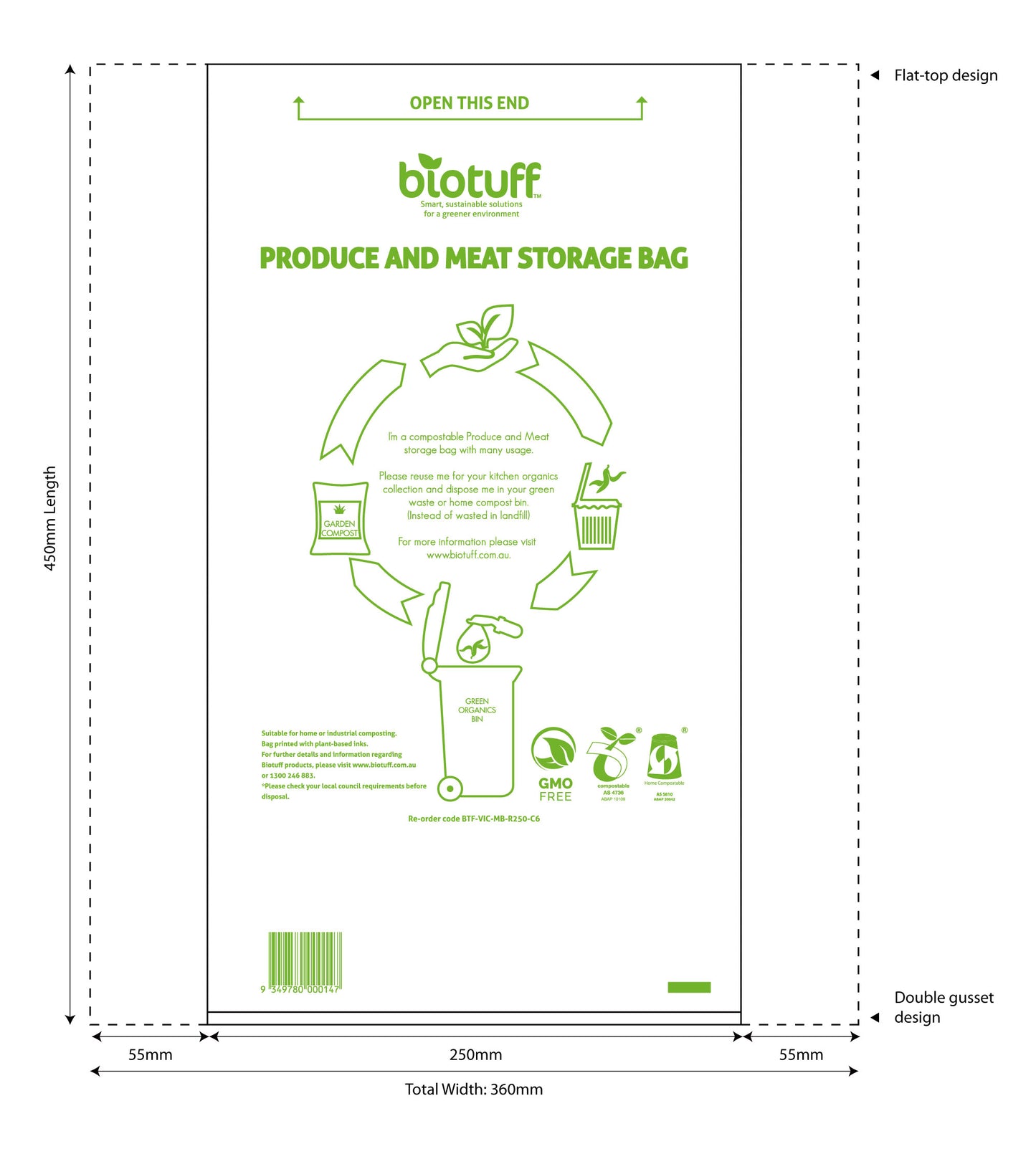 Biotuff Produce And Meat Storage Bags - 250 Bag Roll