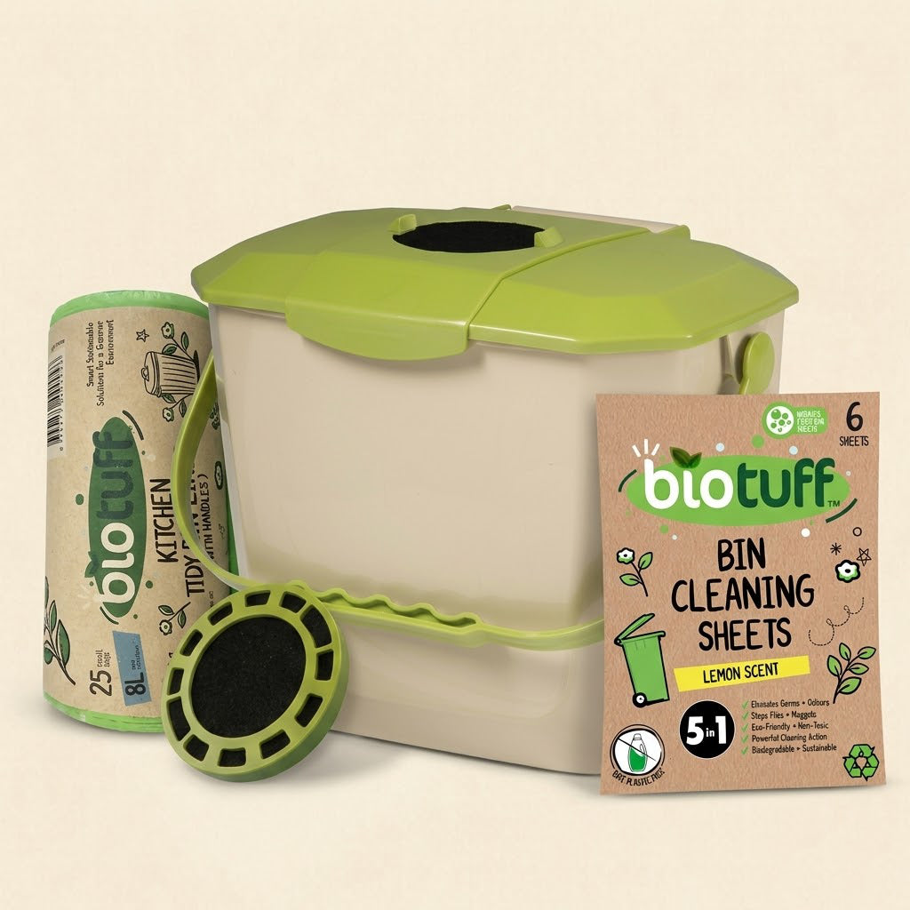 8L Kitchen Caddy/Bin with Charcoal Filter and 1 Roll of 8 litre 25 Bags | Starter Pack