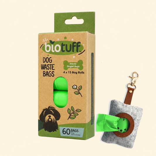 Compostable Dog Waste Bags (4 rolls - 60 Bags) Including 1 Felt Eco Pouch Dispenser