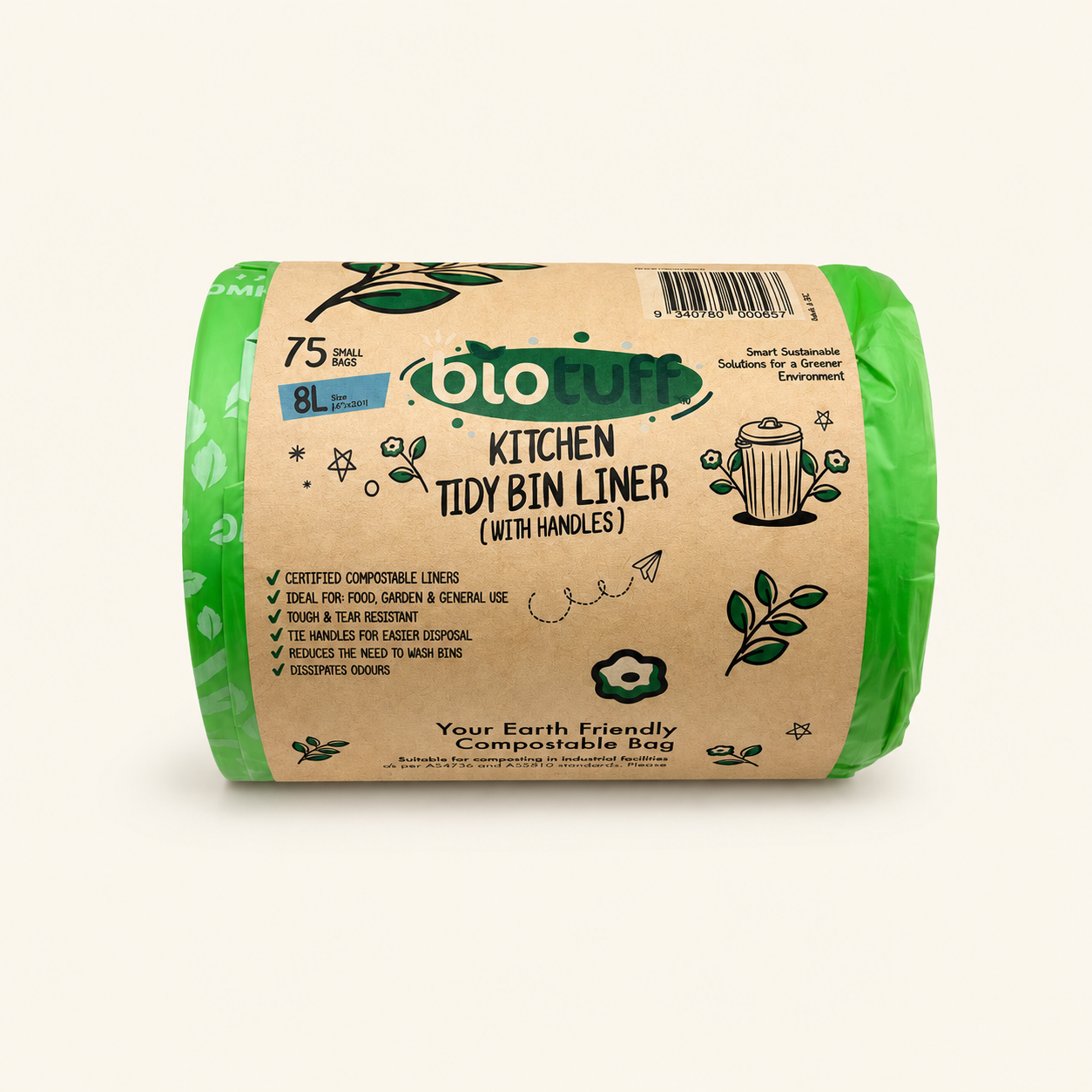8L Kitchen Tidy Bin Liner with Handles (FOGO Compostable)