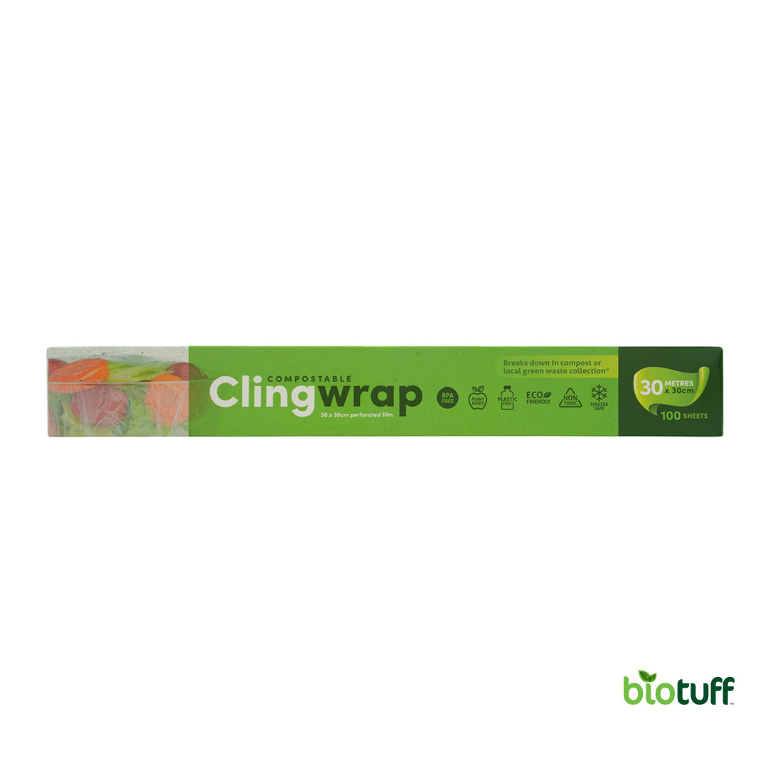 Biodegradable and Compostable Cling Wrap - 100 perforated sheets x 30 Metre Wide - Carton Of 20 Units
