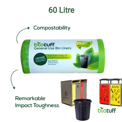 General Use Bin Liners - Large 60 Litre (25 Bags Per Roll) - 20 Rolls Per Carton - 500 Bags