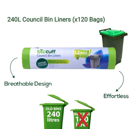 Council Bin Liner - 240 Litre (12 Bags per roll) - Carton Of 120 Bags