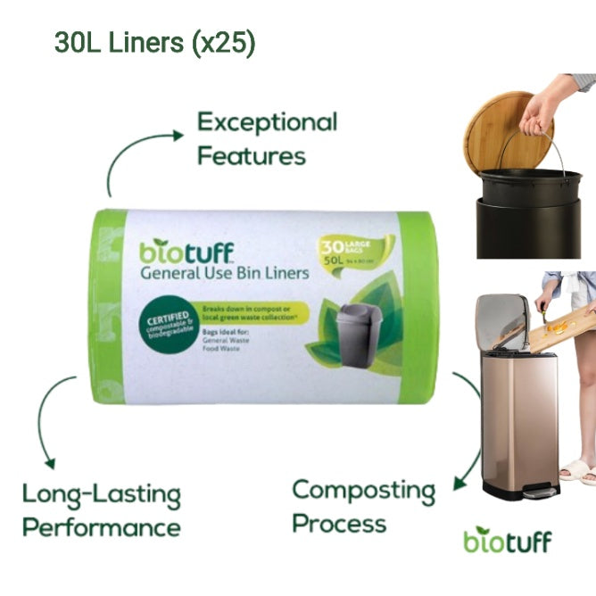 30L Bin Bags Home Compostable, General Use Bin Liners (25 bags) Biotuff