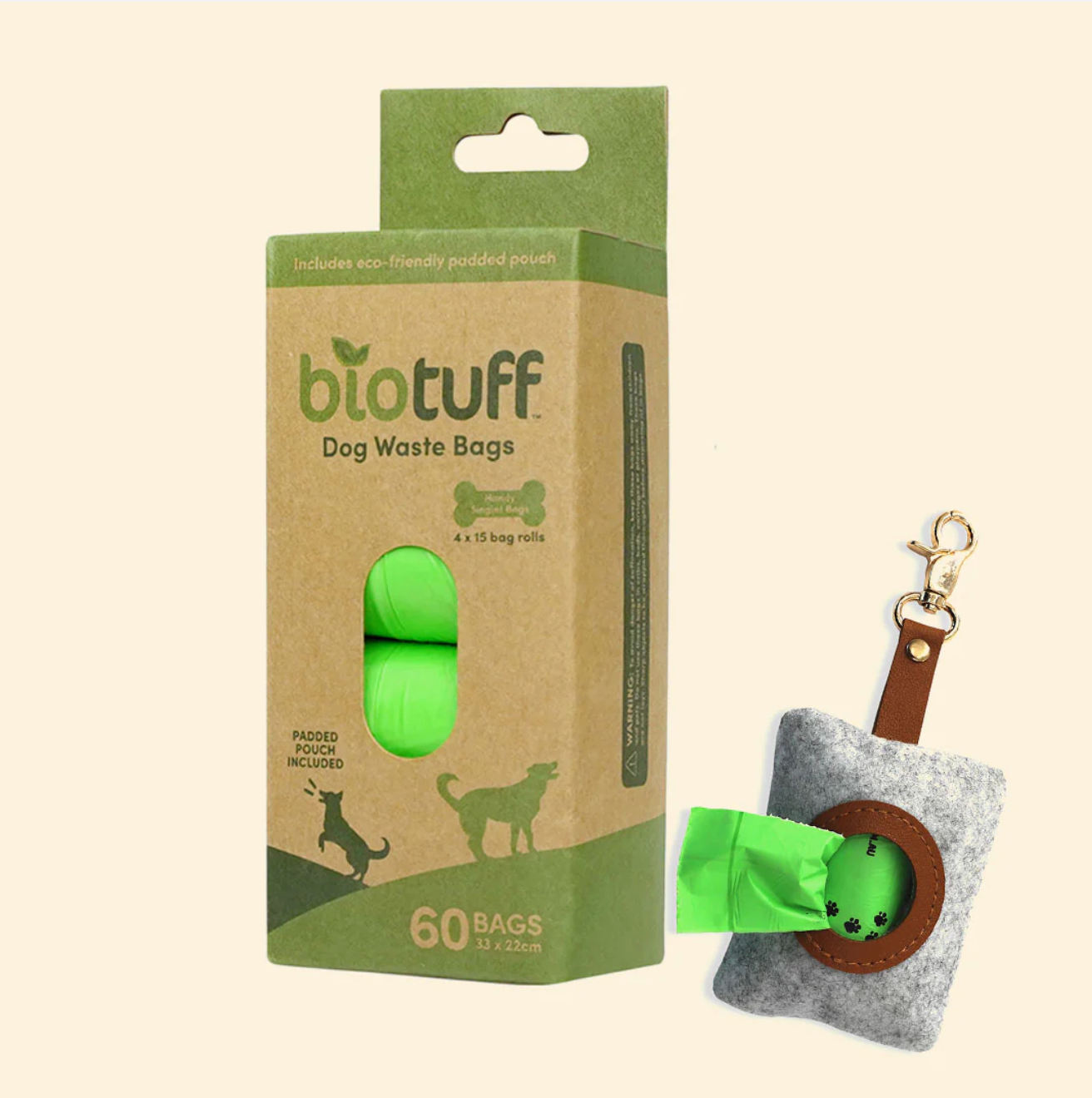 Compostable Dog Waste Bags (4 rolls - 60 Bags) Including 1 Felt Eco Pouch Dispenser
